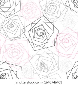 abstract floral geometric seamless pattern with black and pink thin lines sophisticated flowers silhouettes on white background, editable vector illustration for print, decoration, fabric, textile, wa