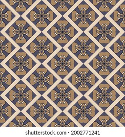 abstract floral geometric seamless pattern. brown, gray shapes with black outlines form abstract flowers that are lined up against a beige background. vector