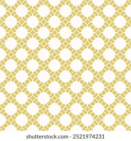 Abstract floral geometric seamless pattern. Simple golden vector ornament. Retro style background texture with floral silhouettes, grid, lattice, mesh. Luxury gold and white repeatable geo design