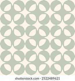 Abstrakte florale geometrische nahtlose Muster. Einfaches Vektorornament im Retro-Stil. Grüne und beige Hintergrundtextur mit floralen Silhouetten, Blättern, gekrümmten Formen, Raster. Wiederholtes Geo-Design