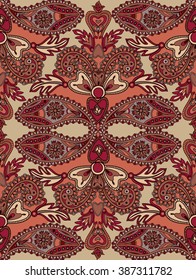 Abstract floral geometric seamless pattern.  Flourish tiled oriental background. Fantastic flowers and leaves. Wonderland motives of the paintings of arabic mandala. Indian fabric pattern.