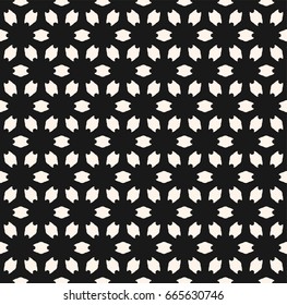 Abstract floral geometric seamless pattern. Simple vector monochrome texture with flower silhouettes.  Subtle dark minimalist background, perforated surface. Design for prints, decor, covers, package