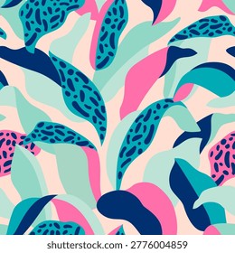 Abstract floral geometric shapes seamless pattern. Geometric floral background: doodles, scribbles, abstract flowers leaves. Colorful organic forms. Vector illustration for textile fabric print design