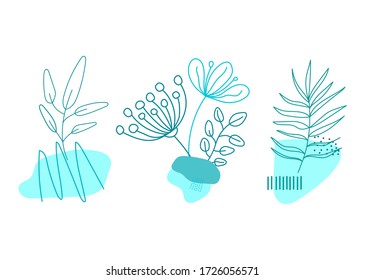 Abstract floral graphic design. Trendy creative hand drawn turquoise flowers set and geometric. Modern botanical vector illustration for logo design, wedding invitation, floral cards, prints.