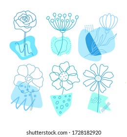 Abstract floral graphic design. Trendy creative hand drawn turquoise flowers set and geometric. Modern botanical vector illustration for logo design, wedding invitation, floral cards, prints.