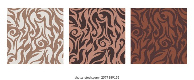 Abstract Floral Graphic Pattern Background Set in mocha mousse colors. Seamless fur wavy texture
