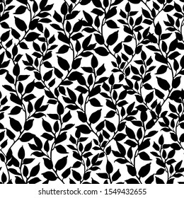 Abstract floral graphic seamless pattern in black and white colors. Organic twigs with leaves silhouettes background. Small twigs repeat. Vector botanical illustration for wallpaper, wrapping, textile