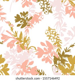 Abstract floral graphic seamless pattern. Meadow flowers silhouettes background in golden colors. Small wildflowers repeat. Vector botanical illustration for wallpaper, wrapping, textile, fabric