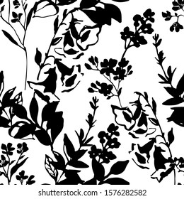 Abstract floral graphic seamless pattern in black and white colors. Twigs, leaves, flowers silhouettes background. Small floral repeat. Vector botanical illustration for wallpaper, wrapping, textile