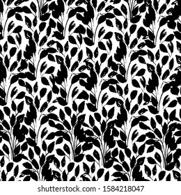Abstract floral graphic seamless pattern in black and white colors. Organic twigs with leaves silhouettes background. Small twigs repeat. Vector botanical illustration for wallpaper, wrapping, textile