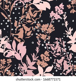 Abstract floral graphic seamless pattern in black and white colors. Twigs, leaves, flowers silhouettes background. Small floral repeat. Vector botanical illustration for wallpaper, wrapping, textile