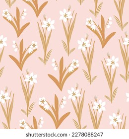 Abstraktes, florales, nahtloses Muster. Weidenblumen, silberner Hintergrund in goldenen Farben. Kleine Wildblumen wiederholen sich. Vektorbotanische Illustration für Tapeten, Umhüllungen, Textilien, Gewebe