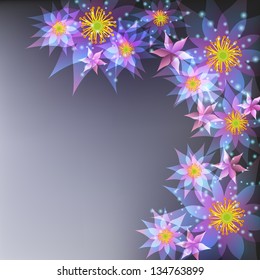 Abstract floral gray background with purple flowers lilies. Greeting or invitation card. Place for text. Vector illustration