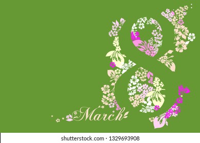 Abstract Floral Greeting card with 8 March with space for text. Green background. Vector illustration