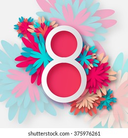 Abstract Floral Greeting card with 8 March - paper cut style greeting card, gift card. International Women's Day. Applique Trendy Design Template. Vector Illustration version.