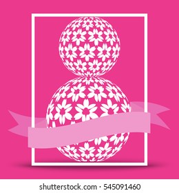 Abstract Floral Greeting card with 8 March of sphere orb. Trendy Design Template. White and trendy pink color. Vector illustration with stylized number 8 and ribbon with frame. Women day