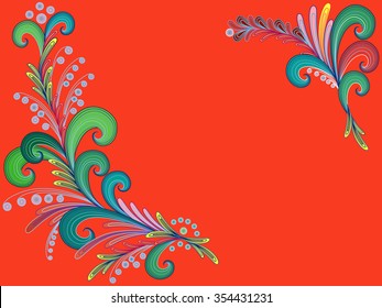 Abstract floral greeting card with beautiful colorful stylized flowers on an orange background, hand drawing vector illustration