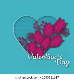 Abstract Floral Greeting card - Valentine's day holiday background with paper cut Frame Flowers. Trendy Design Template. Vector illustration.
