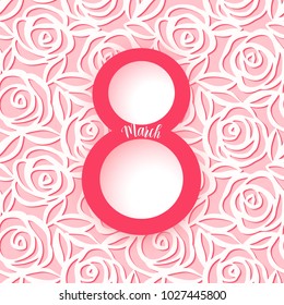 Abstract floral greeting coral color card with 8 March. Pattern with roses. Paper cut roses design. International Women's day. Card template. Vector illustration.