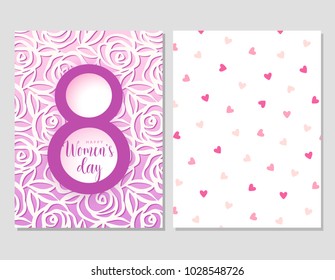 Abstract floral greeting violet card with 8 March. Pattern with roses. Paper cut roses design. International Women's day. Card template. Vector illustration.