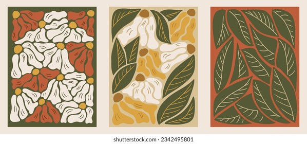 Abstract floral groovy minimalistic posters. Collection of three vector botanical flat composition in rectangle form. Perfect for interior decoration, posters, tshirt print, social media graphics