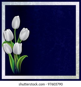 abstract floral grunge background with white tulips on blue