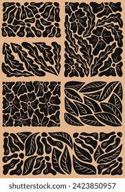 Abstract floral grunge graphic vertical poster. Duotone flat botanical composition in printmaking technique with grunge texture and scratches. Ideal for home decoration, posters, t shirt print