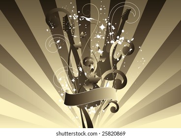 Abstract floral guitars with banner for your text on sunburst background.