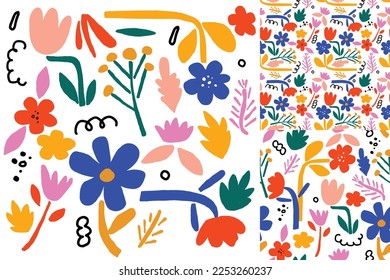 Abstract Floral Hand Drawn Elements Seamless Pattern Set