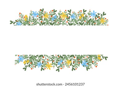 Abstract floral horizontal background with copy space. Hand drawn flat stylized simple flowers and branches. Botanical natural background isolated on white background.