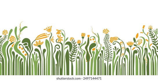 Abstract floral horizontal background with flowers with a long stem, footstalk, botanical banner, contemporary art in bauhaus, groovy style