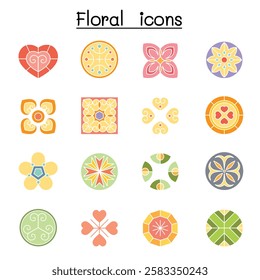 Abstract Floral icon set  in flat color style