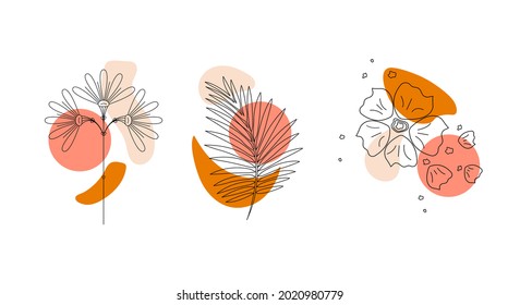 Abstract floral icons and shapes vector background or layout. Trendy kit of design for social media marketing. Vector illustration.