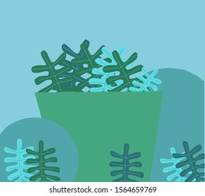 Abstract Floral illustration background vector. Blue and green plant on pot design wallpaper. Shabby chic leaves in flat garden.