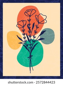 Abstract Floral Illustration With Colorful Circle Accents on Beige Background, featuring minimalist flower silhouettes complemented by bright, modern color accents.