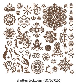 Abstract Floral Illustration Design Elements on white background. Henna tattoo