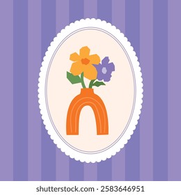 Abstract floral illustration featuring a bouquet of orange and purple flowers in a uniquely shaped vase, framed within an oval lace border on a striped purple background in vintage style.