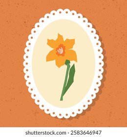 Abstract floral illustration featuring a single orange flower with a green stem, framed within an oval lace border on a textured orange background in vintage style.