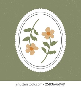 Abstract floral illustration featuring two delicate flowers with green stems and leaves, framed within an oval lace border on a textured green background in vintage style.