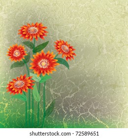 abstract floral illustration with orange flowers on cracked background