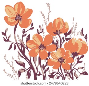 Abstract floral illustration. Print of orange flowers on a white background. Petals, stems, leaves and herbs.