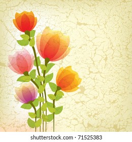 abstract floral illustration with red flowers on cracked background