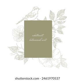 Abstract floral illustration with of sparrow bird, branch of wild Rose, rose hip flower branch. Botanical artistic delicate sketch