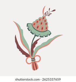 Ilustração floral abstrata com uma flor estilizada, com folhas curvas e um padrão decorativo. O desenho das flores é colorido e artístico. Vintage arte ilustração vetor.