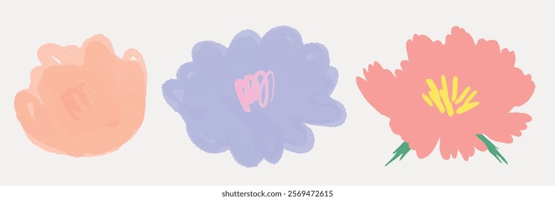 Abstract floral illustration with three colorful flowers. Pastel flowers in pink, purple, and peach hues. Simple flower shapes on a light background. Cute vector set.