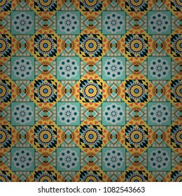Abstract floral illustration in yellow, gray and green colors. Vector element, arabesque for design template. Luxury seamless pattern ornament in Eastern style.