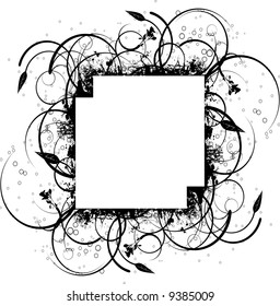 Abstract floral ink splat border design in black and white