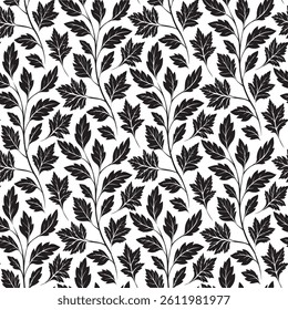 Abstract floral leaves seamless pattern. black floral leaves geometric pattern on white background. leaves silhouette
