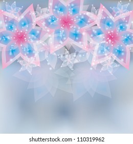 Abstract floral light background with delicate blue-pink flowers lilies. Greeting or invitation card in retro or grunge style. Vector illustration