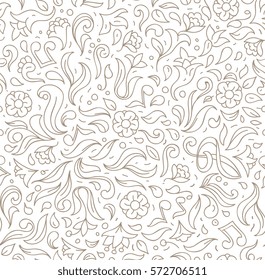 abstract floral light lines ornament, seamless pattern, isolated on white background, vector hand drawn illustration.